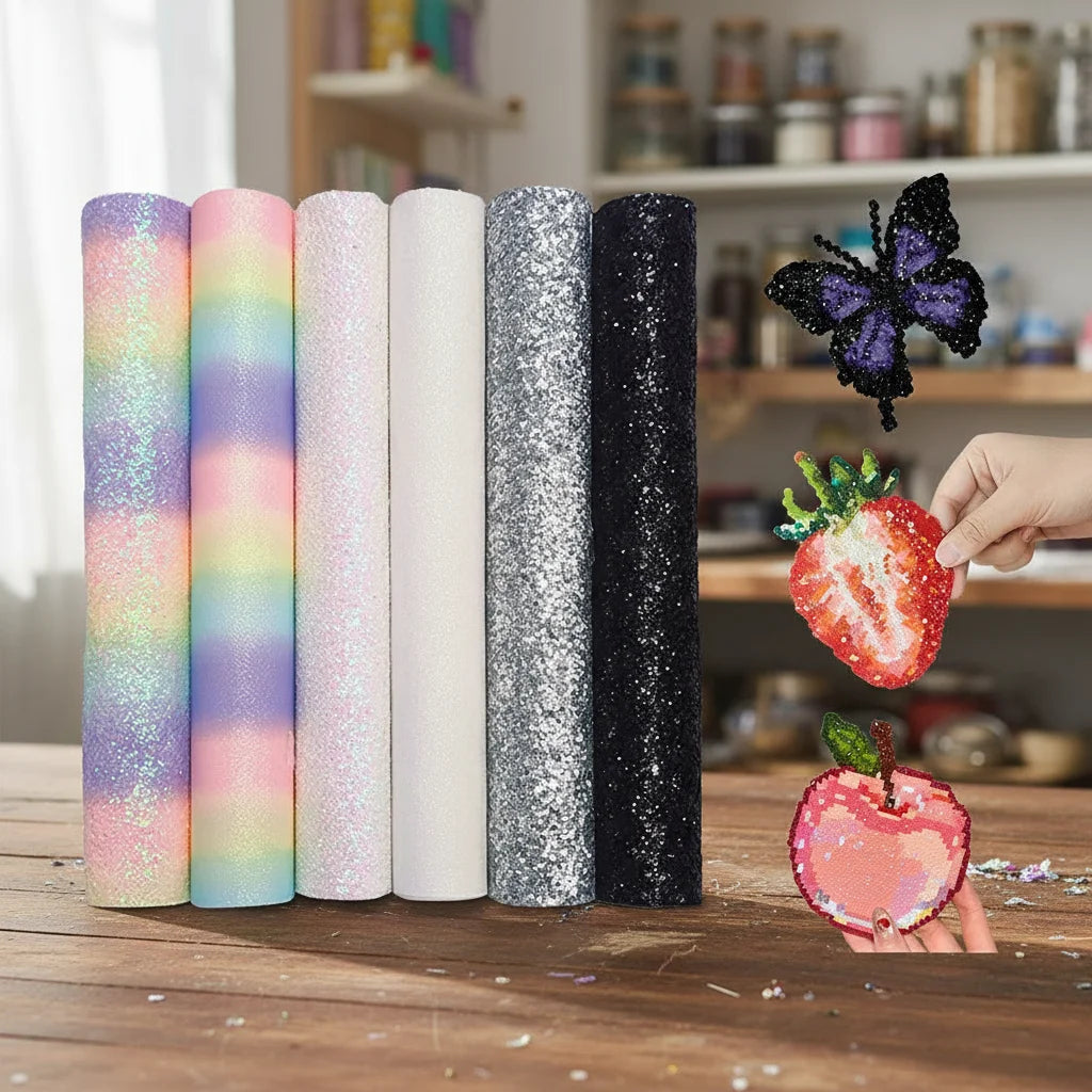 Six rolls of assorted glitter and rainbow craft sheets, with decorative butterfly, strawberry, and apple cutouts.