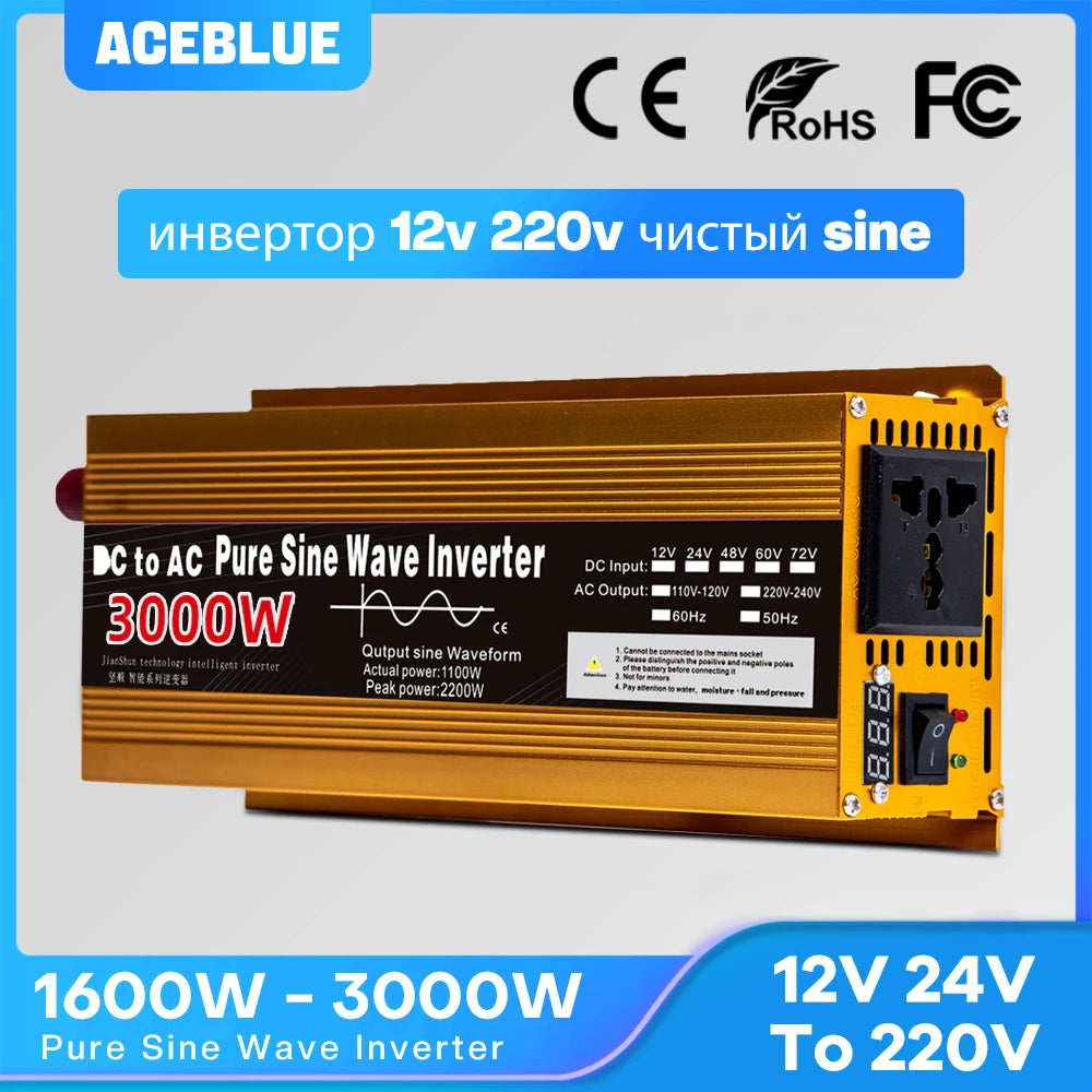 Gold-coloured 1600W-3000W pure sine wave power inverter with a standard AC outlet and integrated power switch.