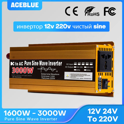 Gold-coloured 1600W-3000W pure sine wave power inverter with a standard AC outlet and integrated power switch.