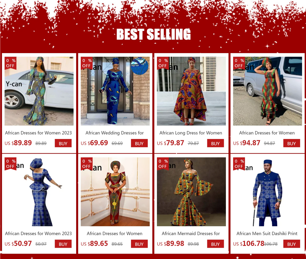 A collection of colourful African-style dresses and a men's dashiki suit in various prints and elegant silhouettes.