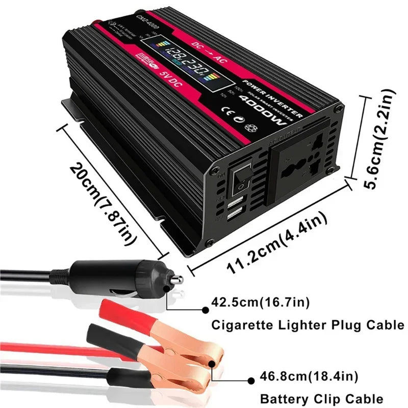 Black 4000W car power inverter with LCD display, output sockets, and included cigarette lighter and battery cables.