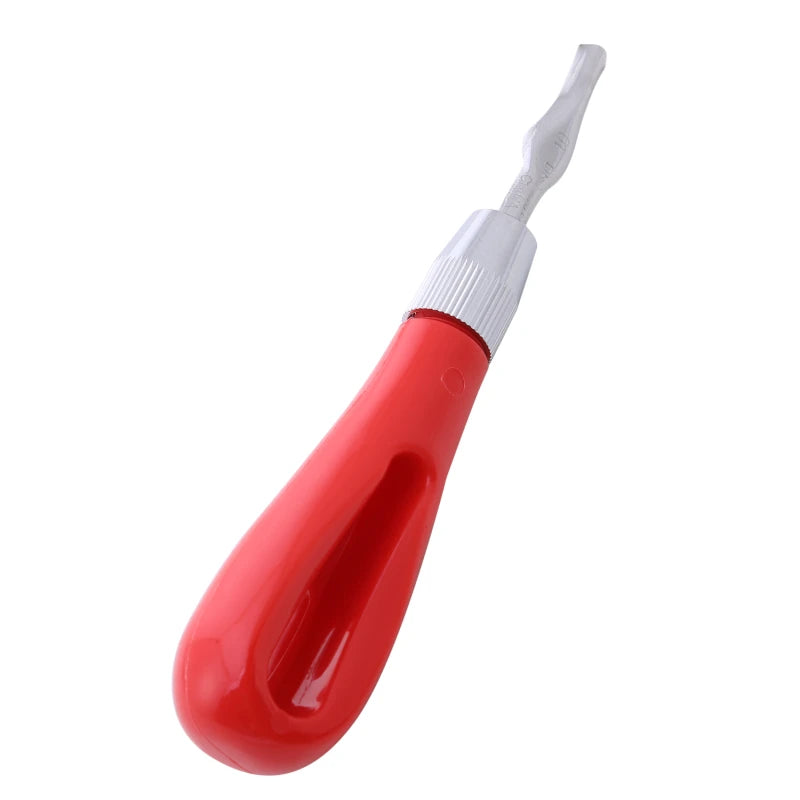 Manual dental elevator tool with a bright red ergonomic plastic handle and a stainless steel surgical tip.