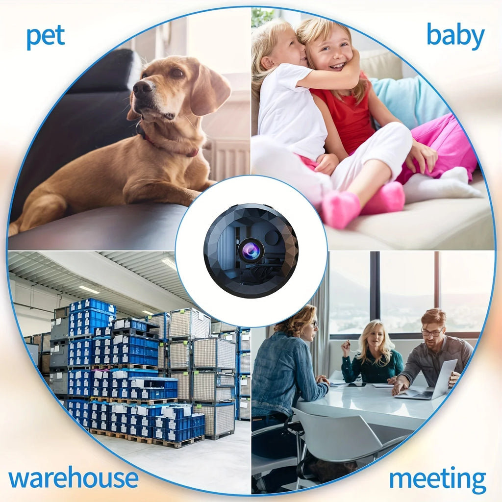Black circular plastic security camera showing usage examples in a pet area, nursery, warehouse, and meeting room.