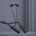 Sleek black wireless neckband earphones with a red digital battery display on a grey background.