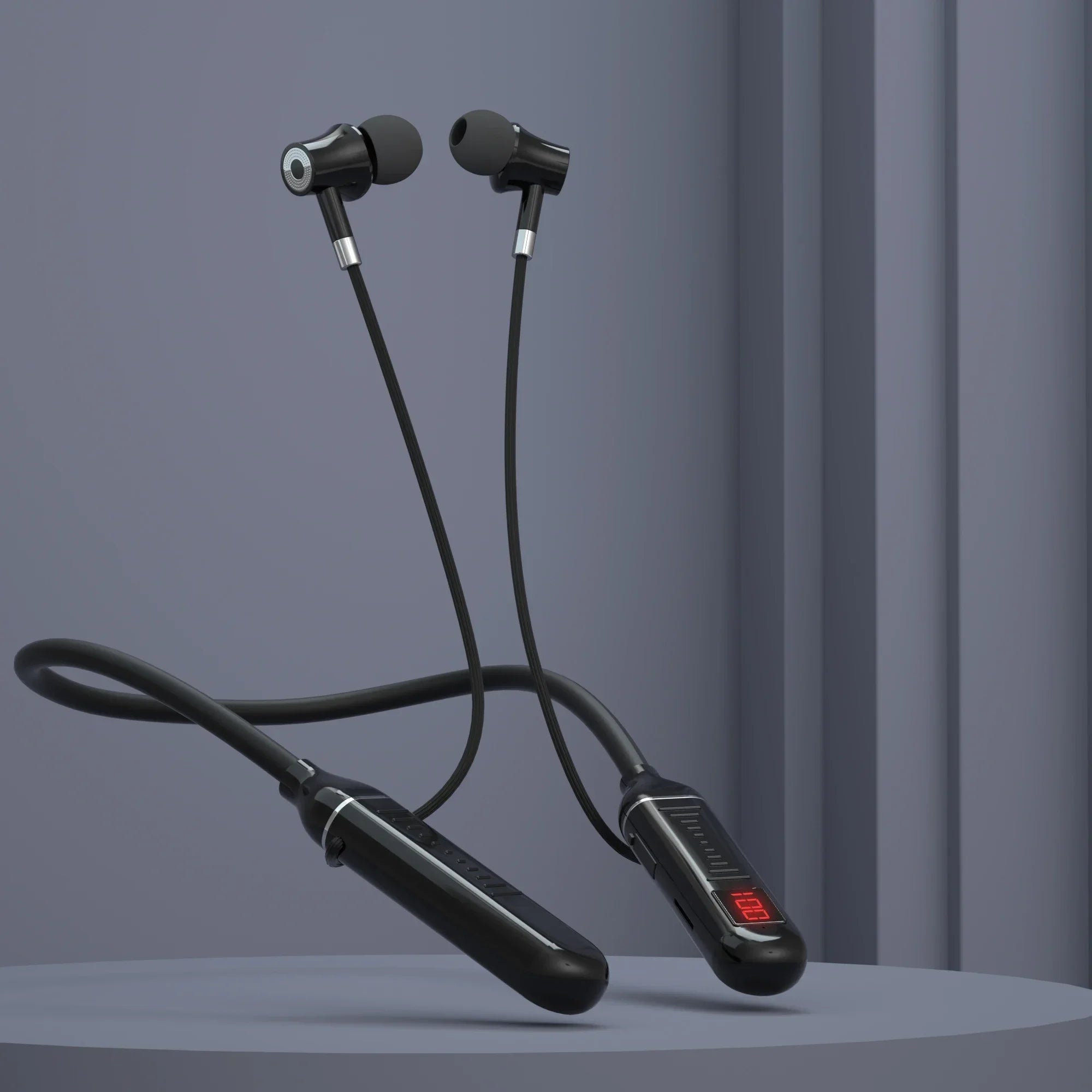 Sleek black wireless neckband earphones with a red digital battery display on a grey background.