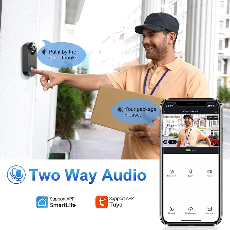 Black wireless 1080p smart doorbell being used by a courier, shown on a smartphone app with two-way audio features.