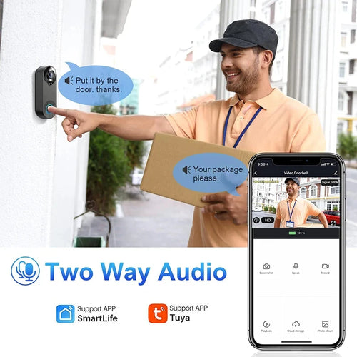 Black wireless 1080p smart doorbell being used by a courier, shown on a smartphone app with two-way audio features.