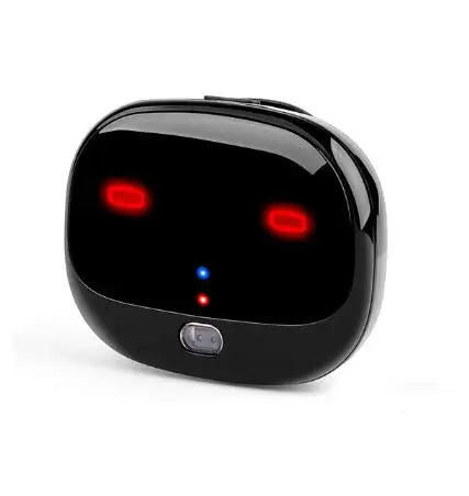 Black mini GPS pet tracker with rounded rectangular shape, glowing red LED eyes, and blue and red indicator lights.