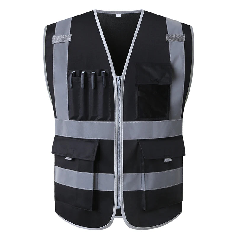 Black hi-vis safety vest with reflective strips, zip fastening, multiple pockets and pen slots.
