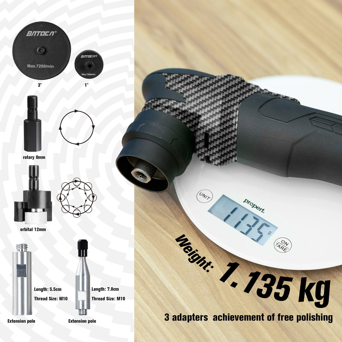 BATOCA S4 12V cordless car polisher in carbon finish on a scale showing 1.135 kg with attachments.