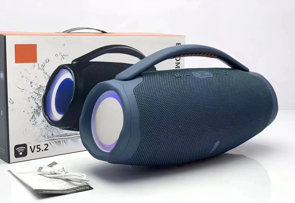 A blue portable 100W waterproof Bluetooth speaker with integrated handle, fabric finish, and glowing RGB side lights.