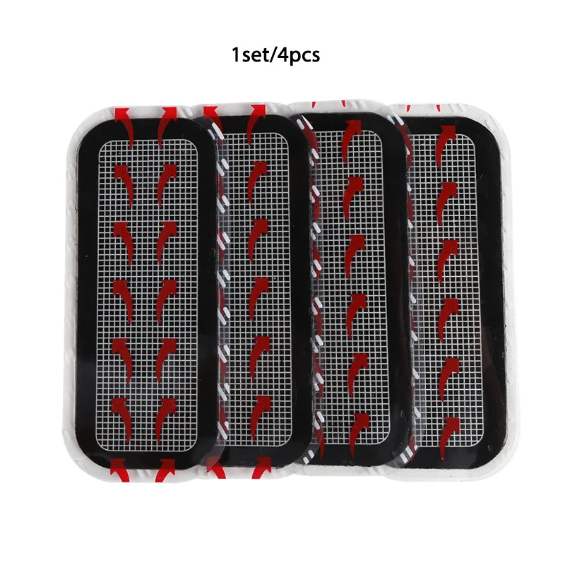 A set of four rectangular adhesive gel pads for an abdominal muscle stimulator, featuring a black grid and red arrows.