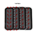 A set of four rectangular adhesive gel pads for an abdominal muscle stimulator, featuring a black grid and red arrows.