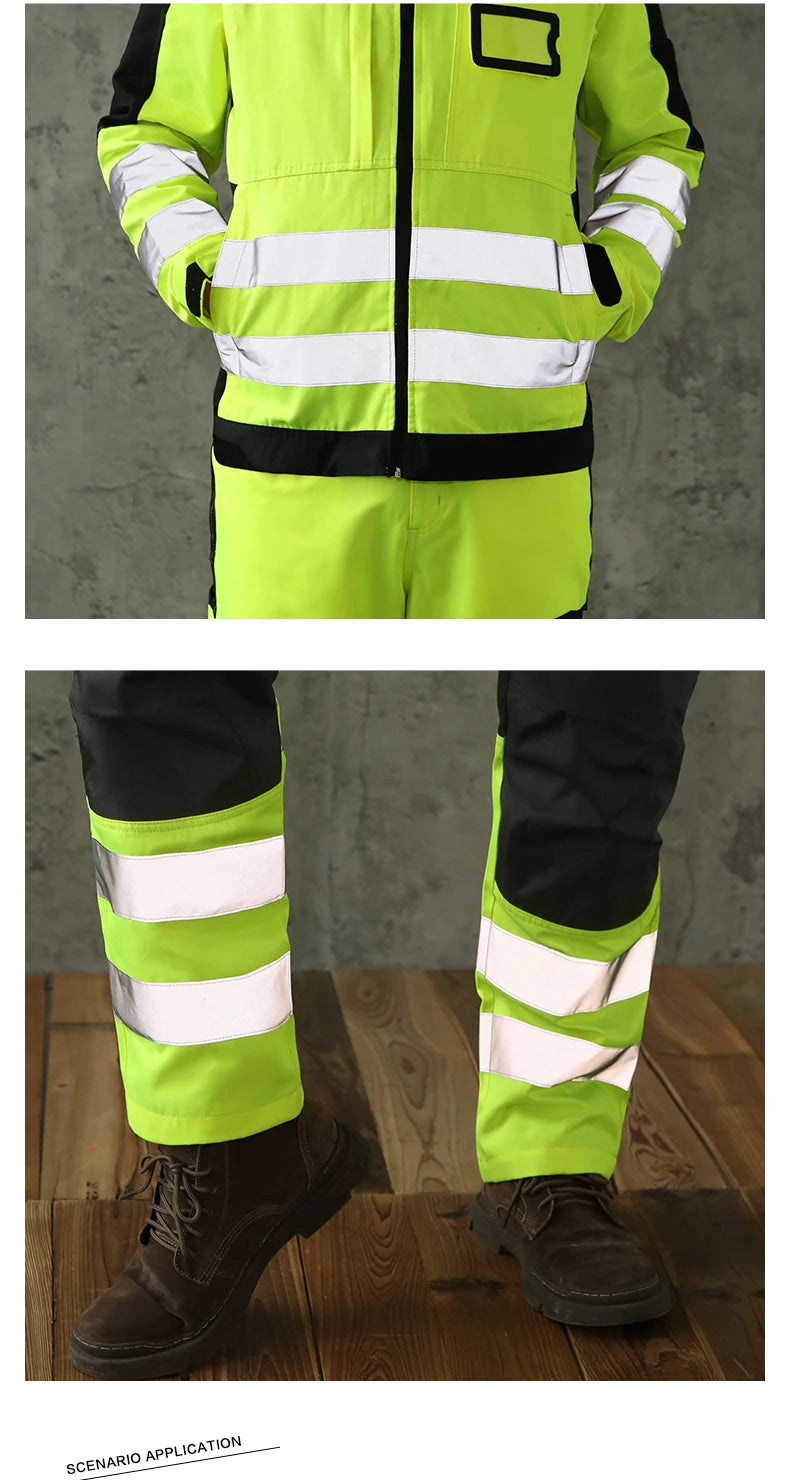 High-visibility yellow and black work jacket and trousers with reflective strips, worn with brown work boots.