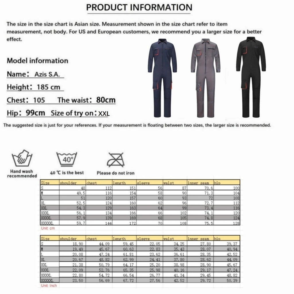 Heavy-duty mechanic coveralls in navy, grey, or black, featuring contrast detailing and a practical zip-front design.