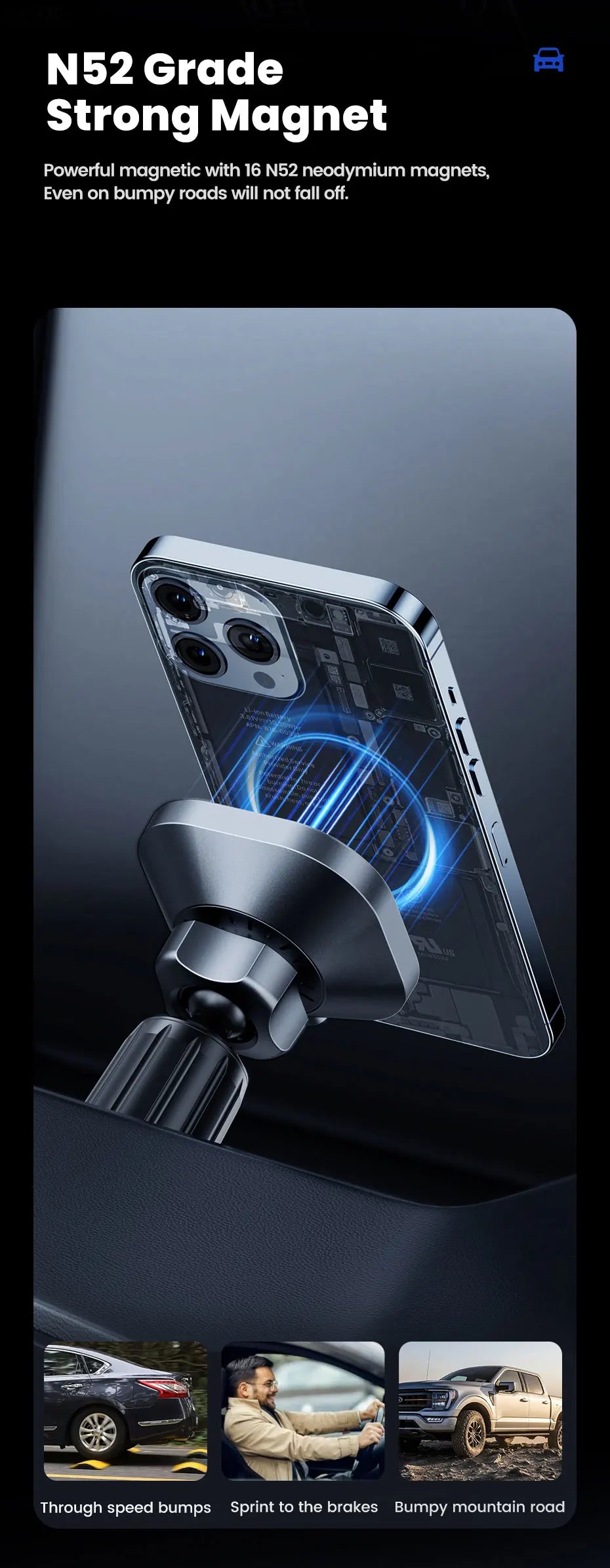 Magnetic car phone mount in metallic grey, featuring a strong circular magnetic attachment for secure mounting.