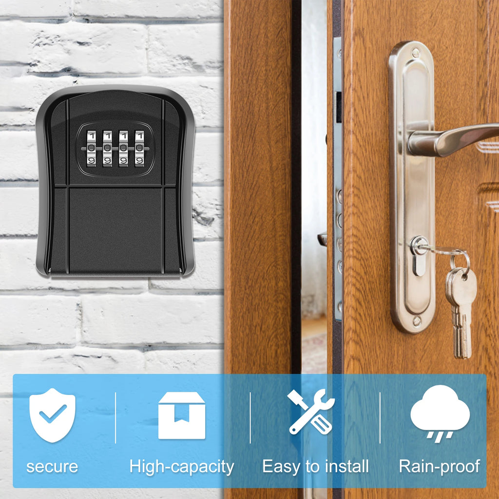 Black metal wall-mounted key lock box with a four-digit combination dial, mounted next to a wooden door.
