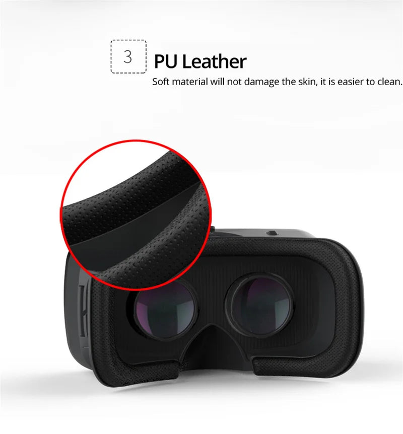 Black VR headset with a soft, perforated PU leather face cushion for comfort and easy cleaning.
