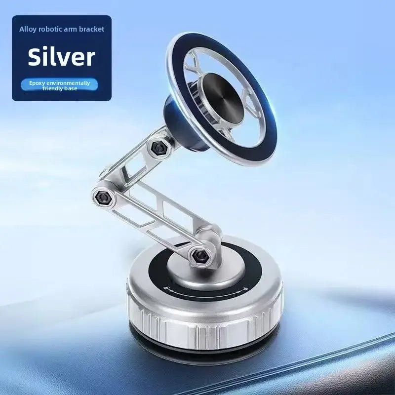 Silver alloy robotic arm phone bracket with a circular magnetic head and a round, textured base.