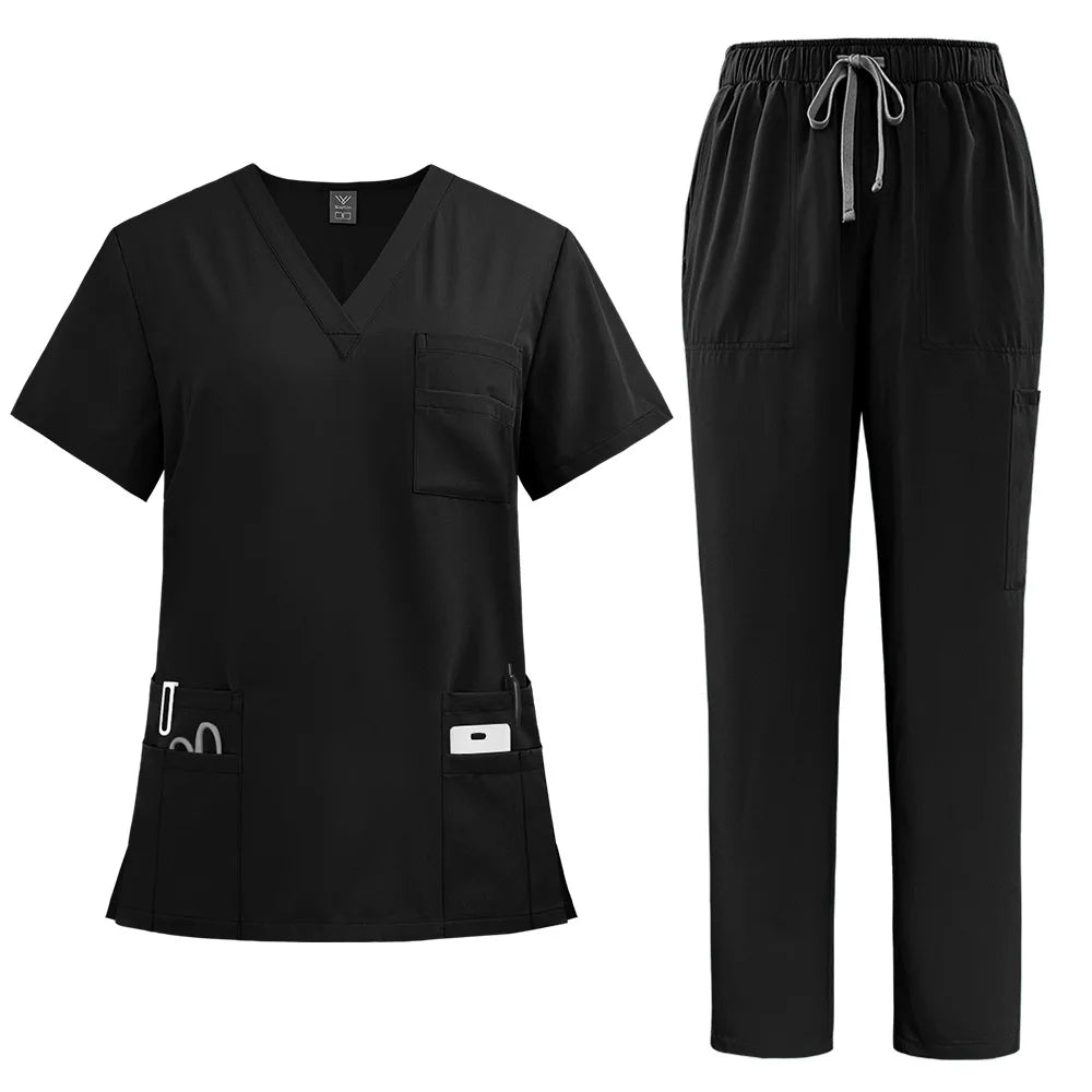 Women's black scrub set featuring a V-neck top with multiple pockets and matching trousers with a drawstring waist.