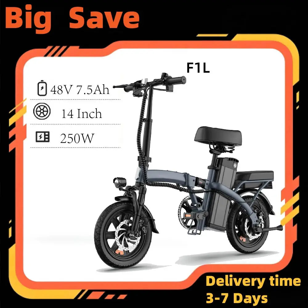 Gray foldable 14-inch electric bike with thick tires, 250W motor, rear rack, and mounted battery.