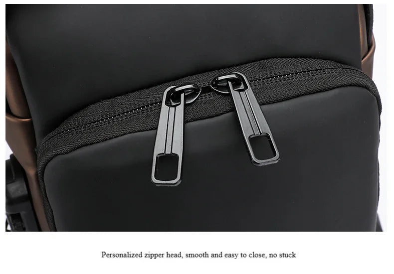 Close-up of a smooth, matte black anti-theft chest bag featuring durable, easy-glide metal zip pulls.