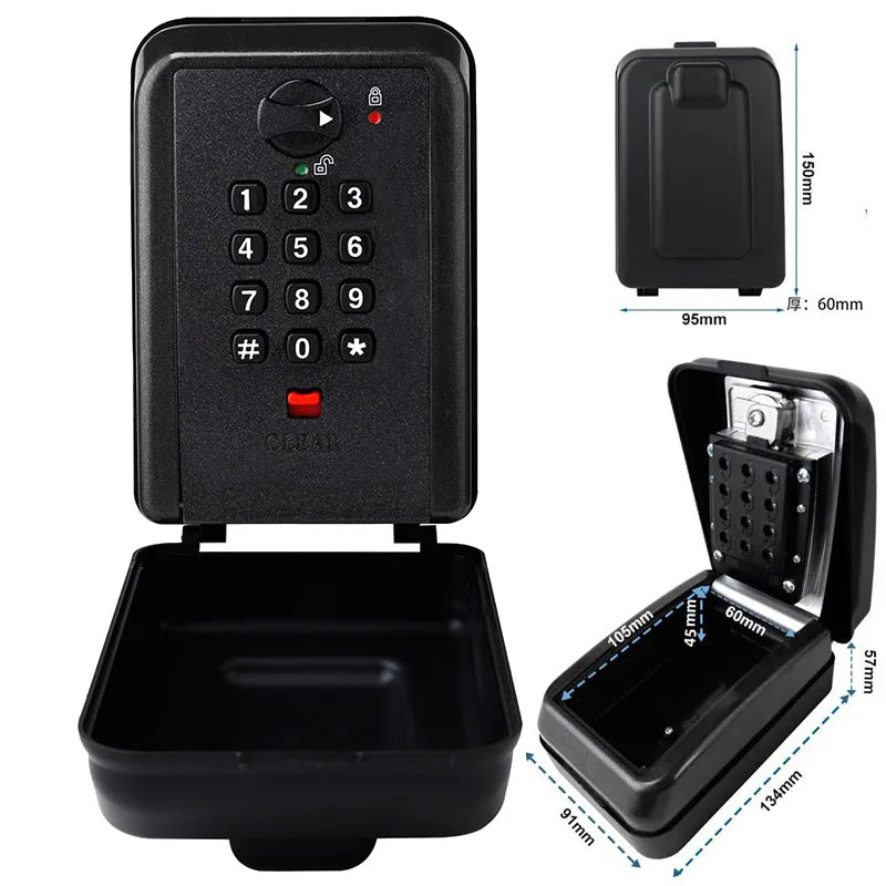 Black metal wall-mounted key lock box with a numeric digital keypad and protective cover, shown with dimensions.