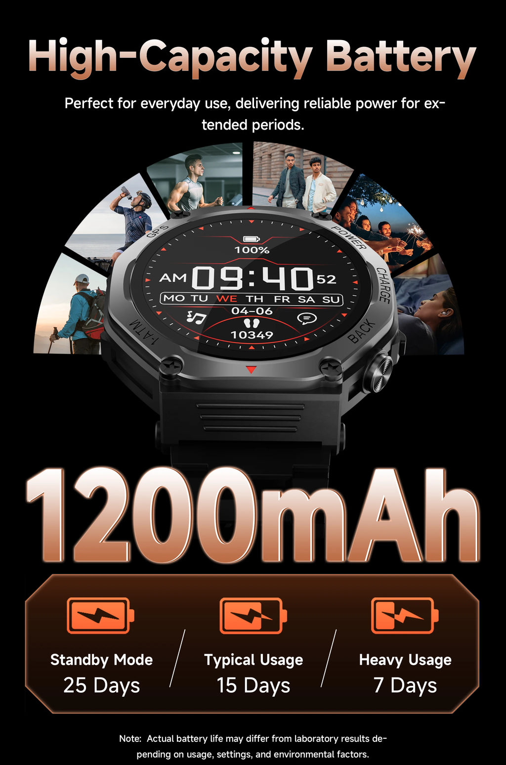Rugged black smart watch with a digital display, featuring long-lasting 1200mAh battery life and integrated GPS.