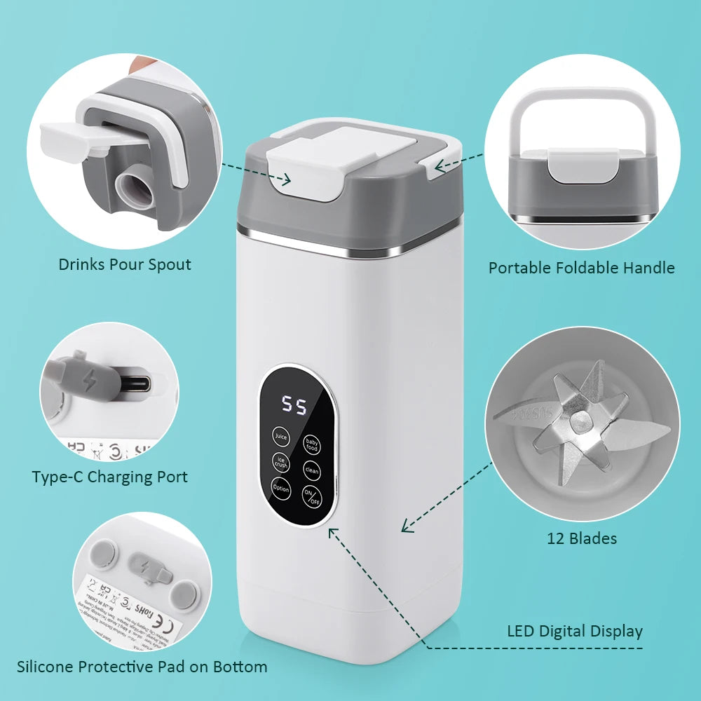 White portable blender with grey handle, pour spout, 12-blade base, LED display, and USB-C charging.
