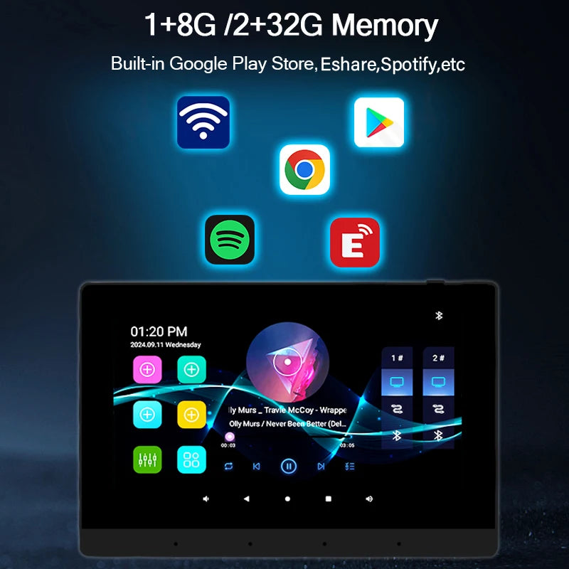 7-inch black in-wall Android smart amplifier with a vibrant touchscreen interface, Bluetooth, and app support.