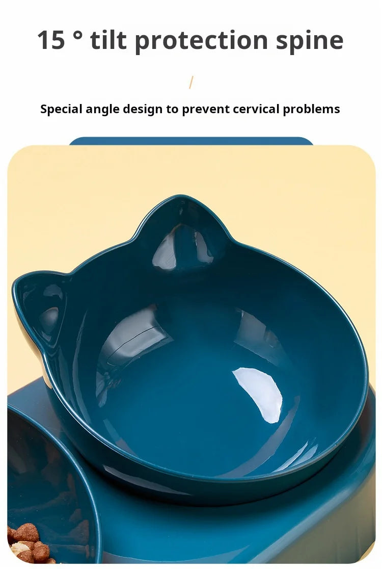 Deep blue, cat-shaped 3-in-1 pet feeding station with an ergonomic 15-degree tilted bowl for comfortable eating.