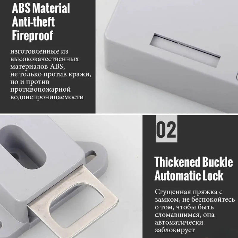 Grey ABS plastic latch with a thickened metal automatic locking buckle and fireproof properties.