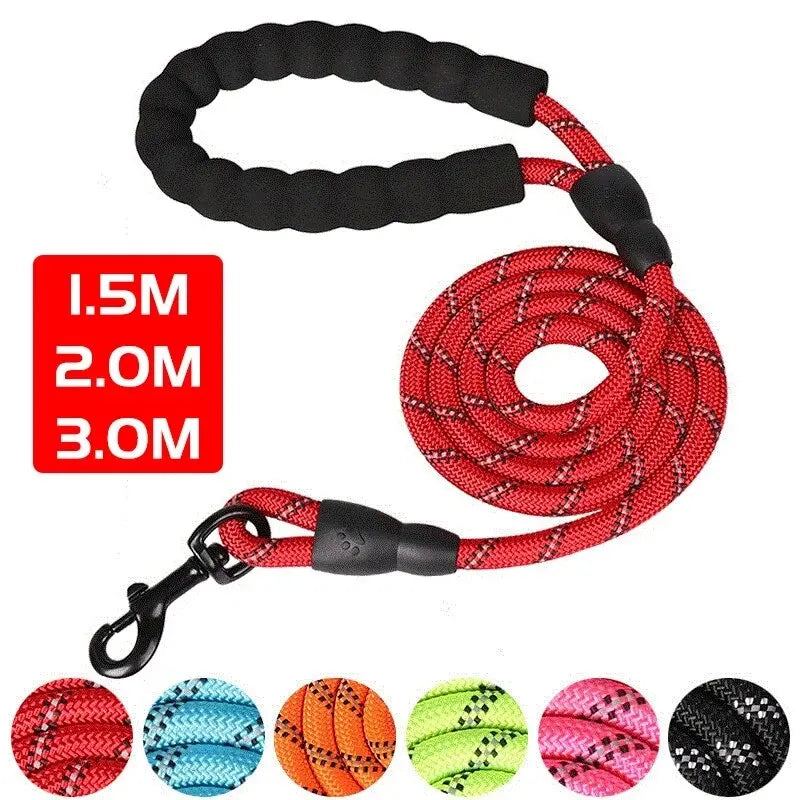 Red reflective rope dog leash with a black padded handle and metal clip, available in various colours.