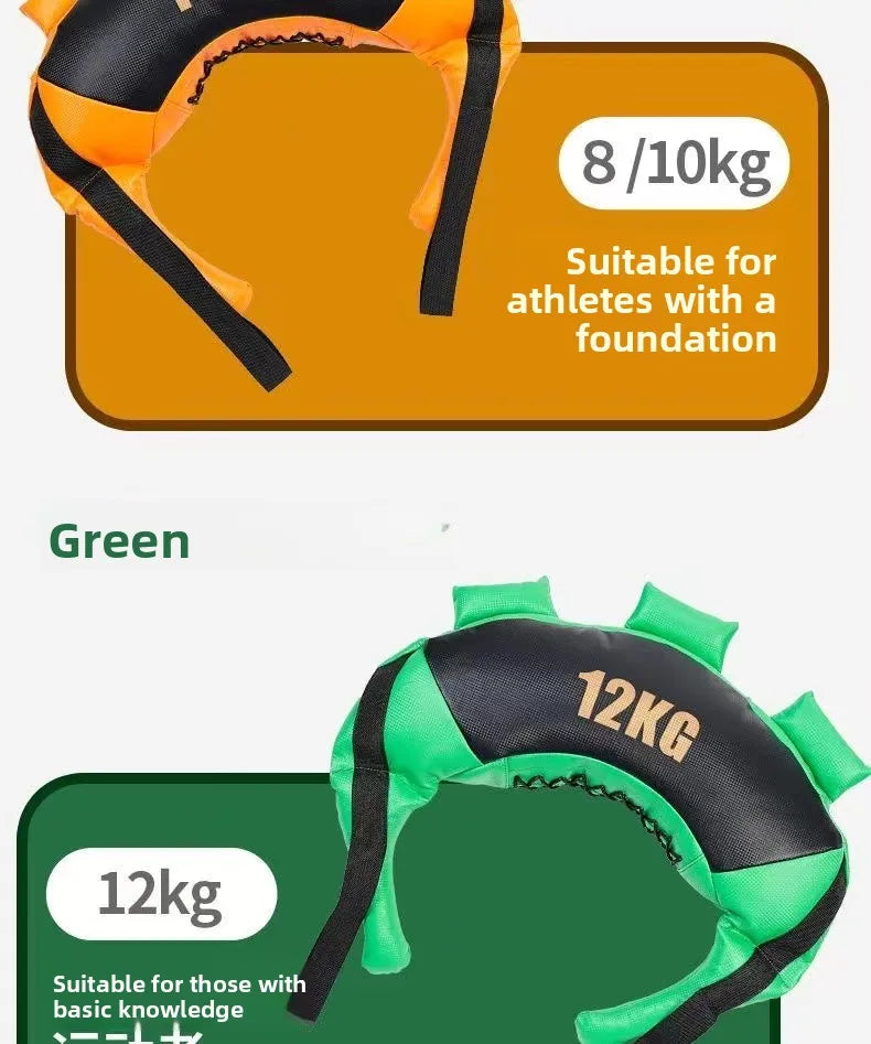 Weighted Bulgarian training bags in orange and green, featuring durable fabric and multiple integrated grab handles.