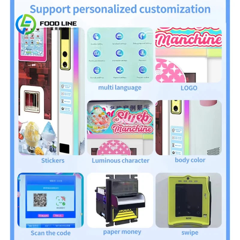 White automated slush vending machine with touchscreen interface, payment modules, and colorful custom graphics.