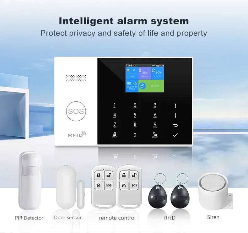 White and black wireless smart home alarm system with digital touch-screen keypad, sensors, remotes, and RFID tags.
