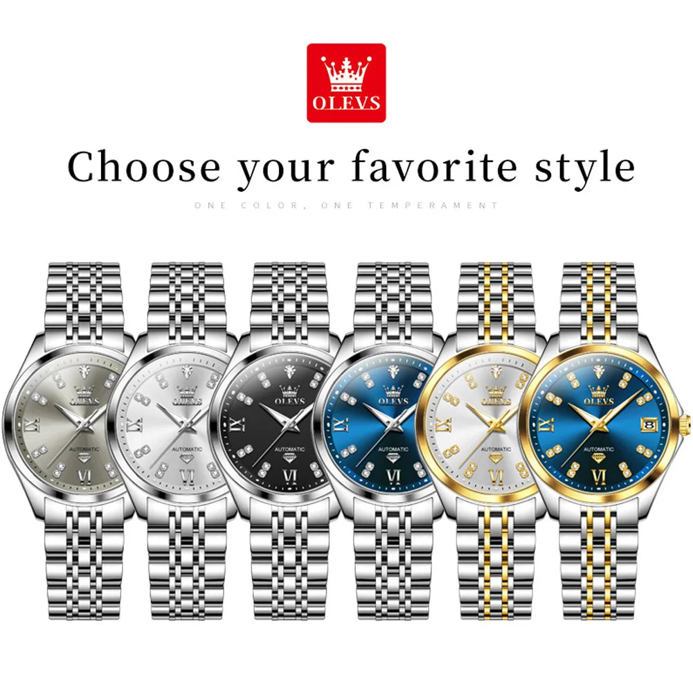 Elegant women's stainless steel mechanical watches with stone-set hour markers, available in various dial colours.