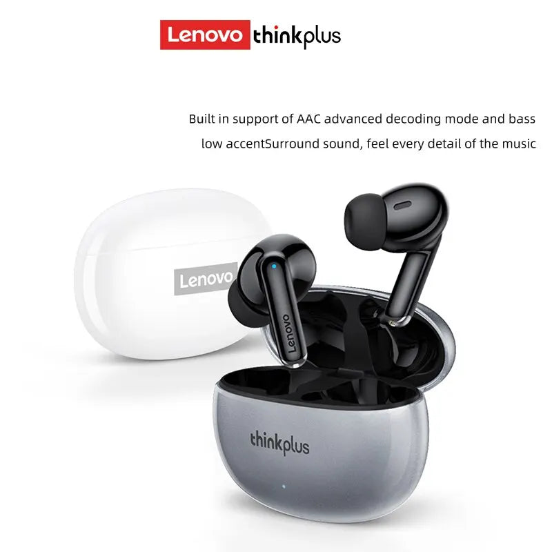 Glossy black wireless earbuds with a sleek design in a metallic charging case, plus a white charging case in back.