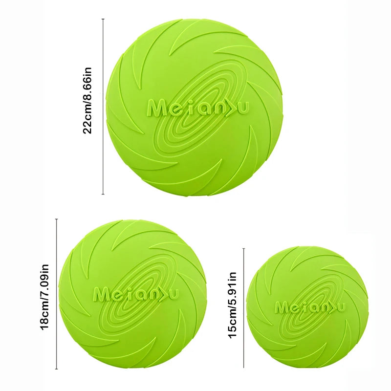 Three bright green silicone dog flying discs shown in different sizes with spiral textured patterns.