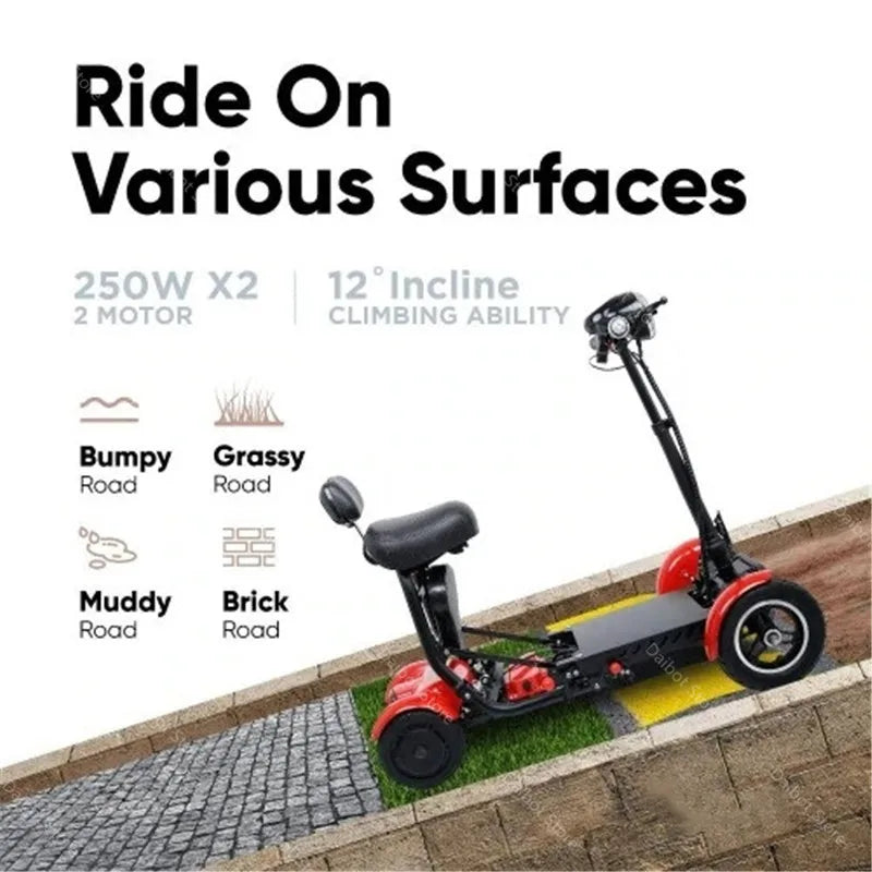 Red and black 4-wheel electric mobility scooter with handlebars, cushioned seat, and backrest on an incline.