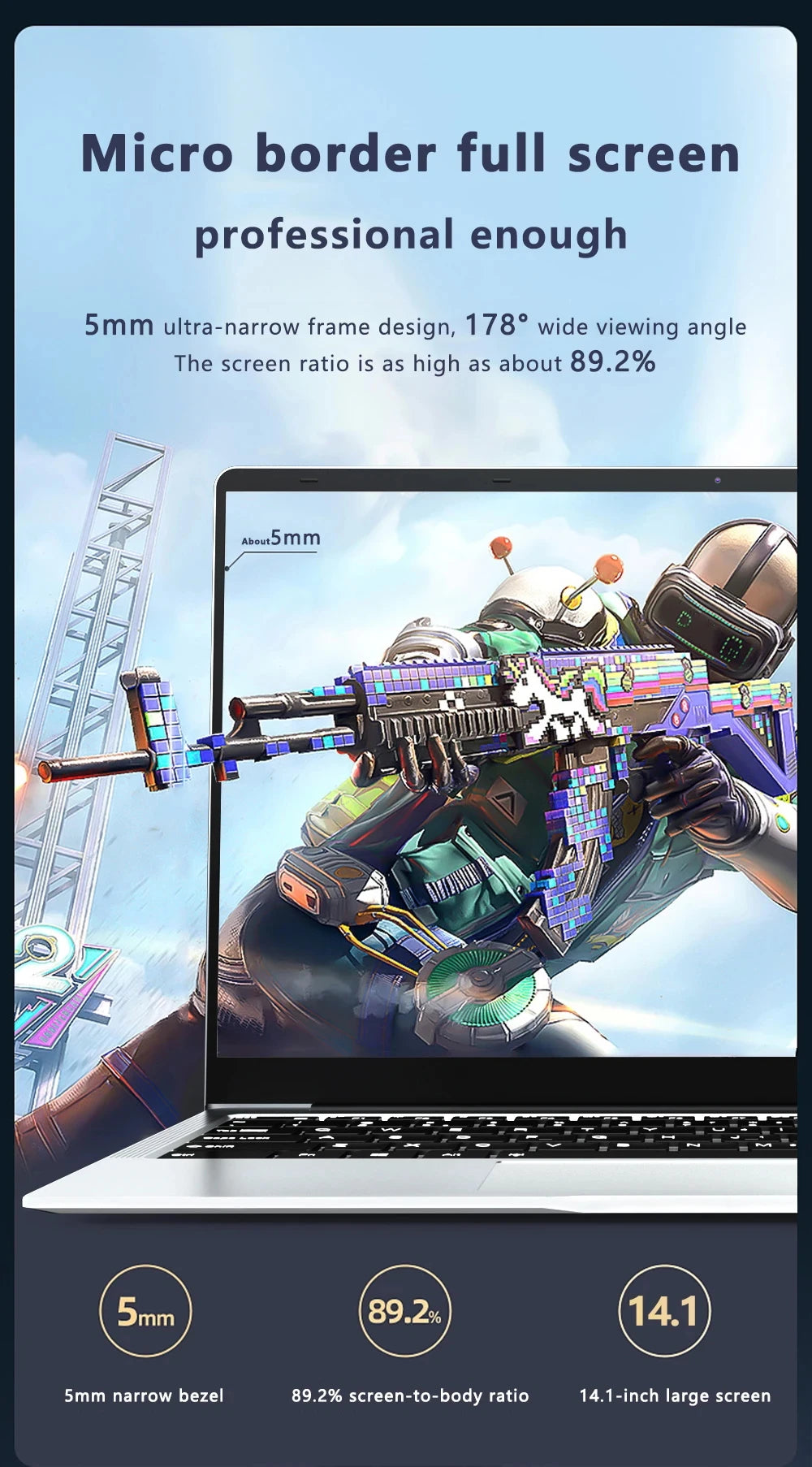 Slim silver 14.1-inch laptop with a 5mm ultra-narrow bezel and a vibrant, high-definition gaming screen display.