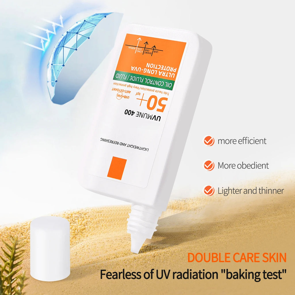 White bottle of SPF 50+ oil-control sunscreen fluid with UVA/UVB protection, shown with an illustrative UV shield.