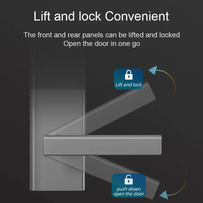 Silver metal door handle showing lifting motion to lock and pushing motion to open.