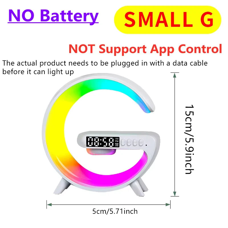 G-shaped white desk speaker with vibrant RGB LED light, digital clock display, and integrated wireless charging base.