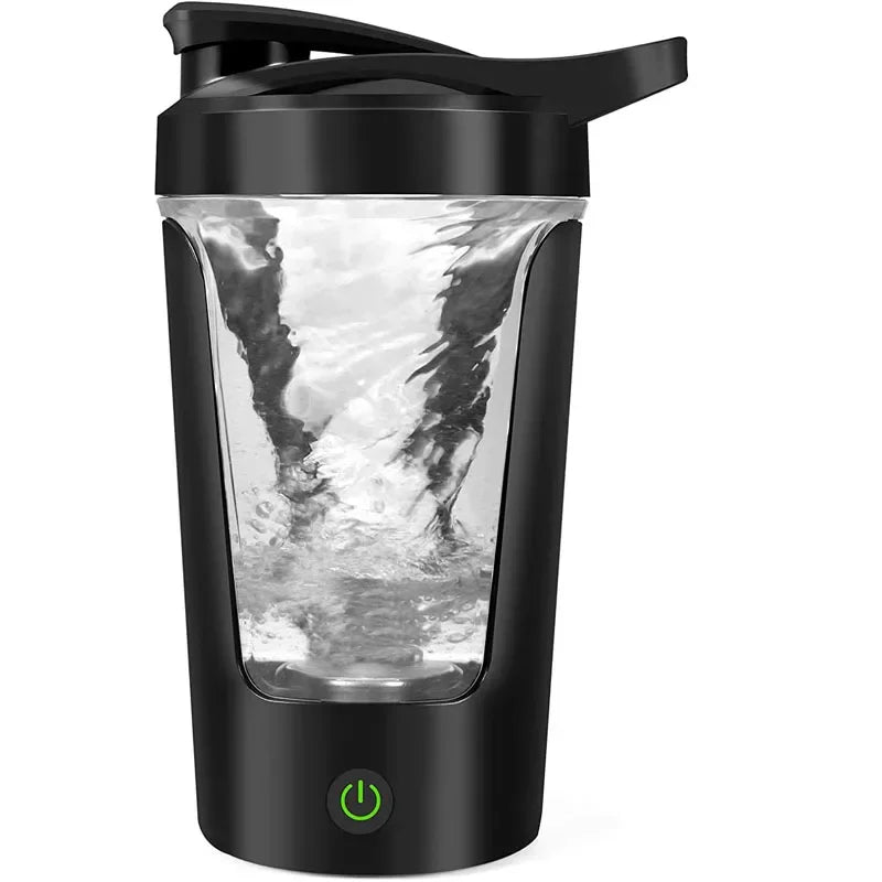 Black electric protein shaker bottle with a clear central window showing a swirling liquid vortex and a power button.