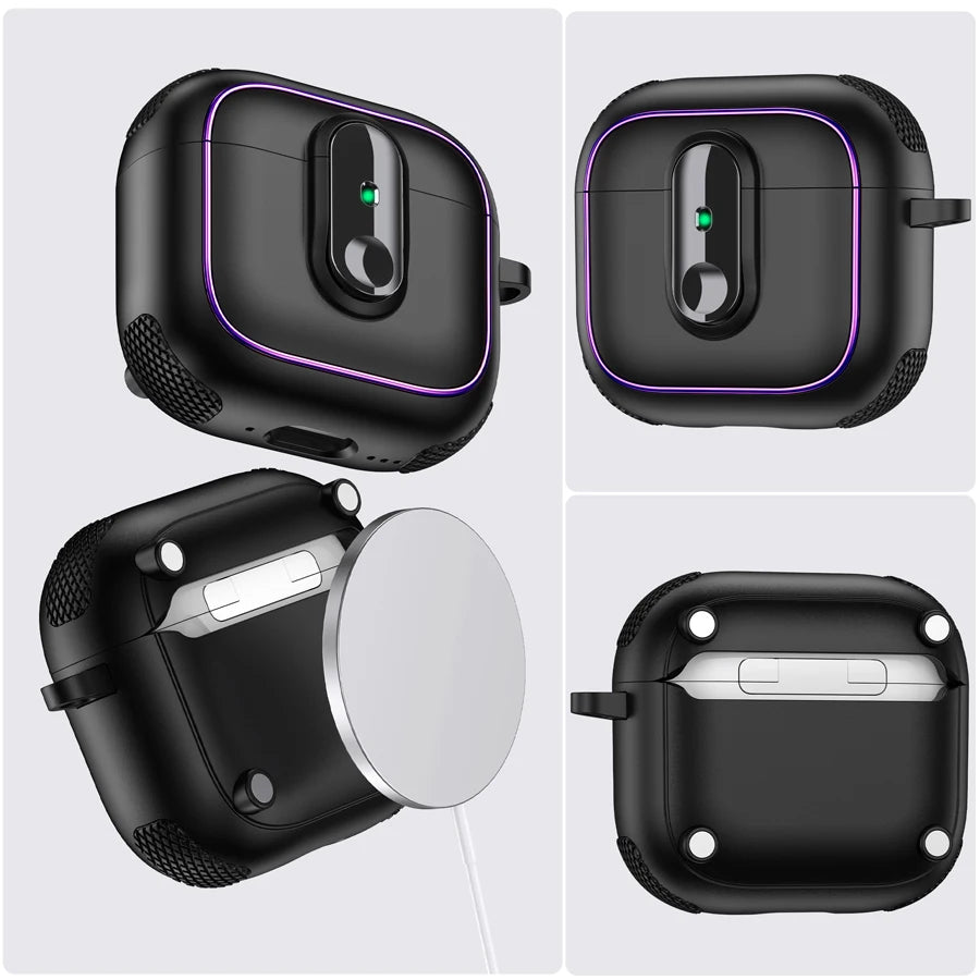 Black matte AirPods 3 case with purple LED trim, textured grip, and magnetic wireless charging compatibility.