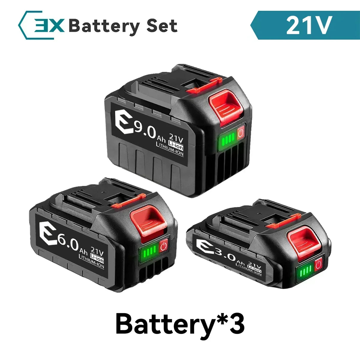 Three black 21V Li-ion tool batteries in 3.0Ah, 6.0Ah, and 9.0Ah sizes with red latches and green charge indicators.