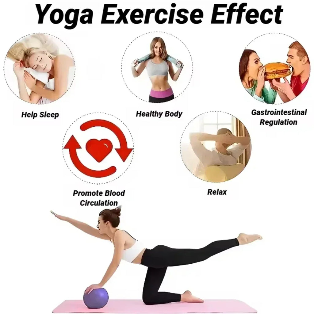 A woman doing yoga with a small purple pilates ball on a pink mat, surrounded by icons showing health benefits.