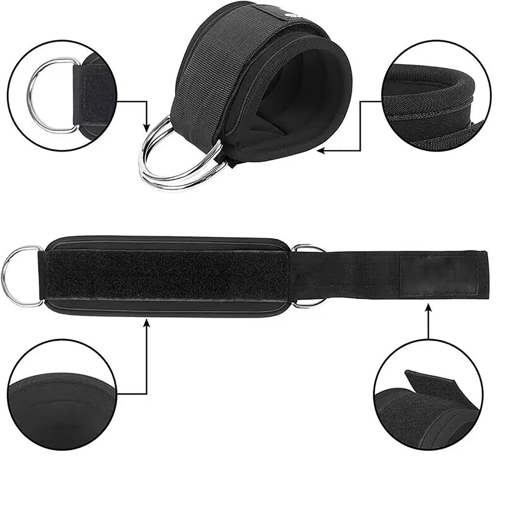 Black padded ankle strap for gym cable machines, featuring double metal D-rings and a secure Velcro fastening.