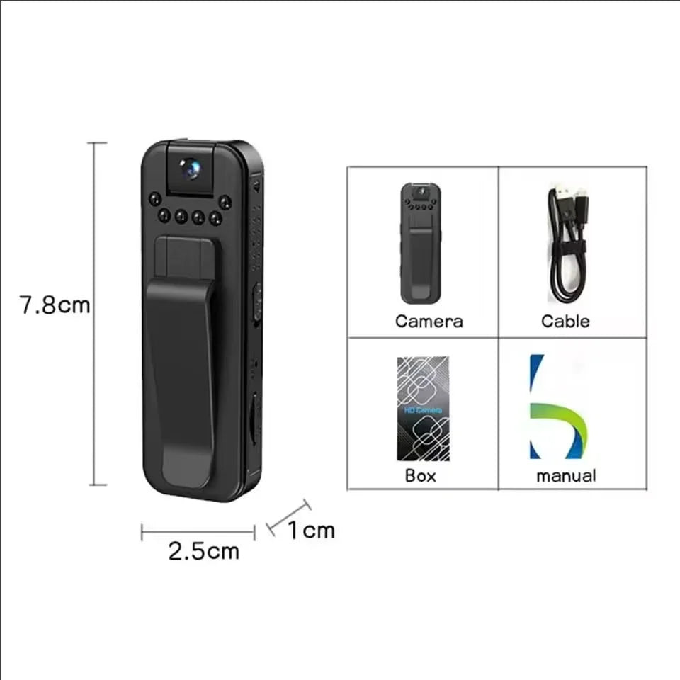 Black plastic wearable body camera with a belt clip, measuring 7.8cm x 2.5cm x 1cm, shown with cable, box, and manual.